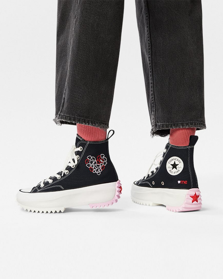 Men's Converse Run Star Hike Embroidered Hearts High Top Platform Shoes Black / Red | AU 436C1T